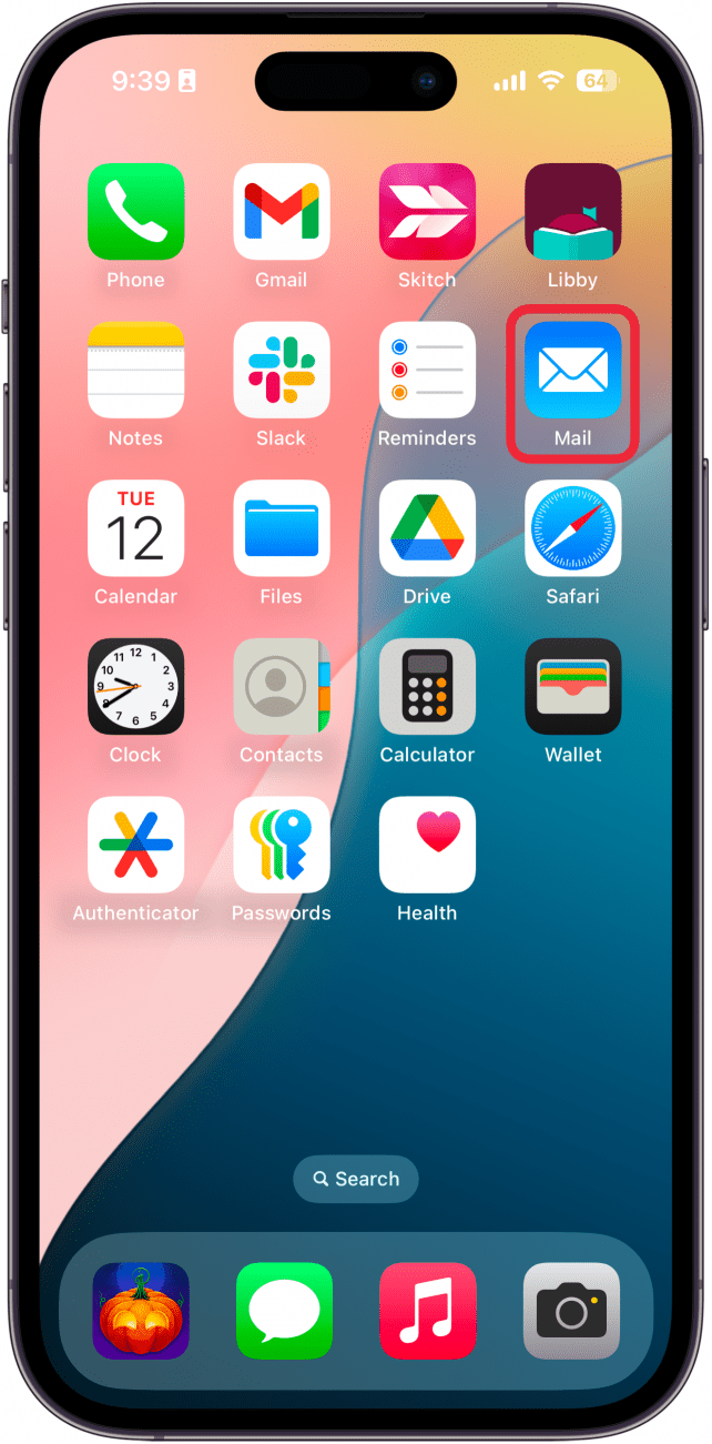 iphone home screen with a red box around mail app