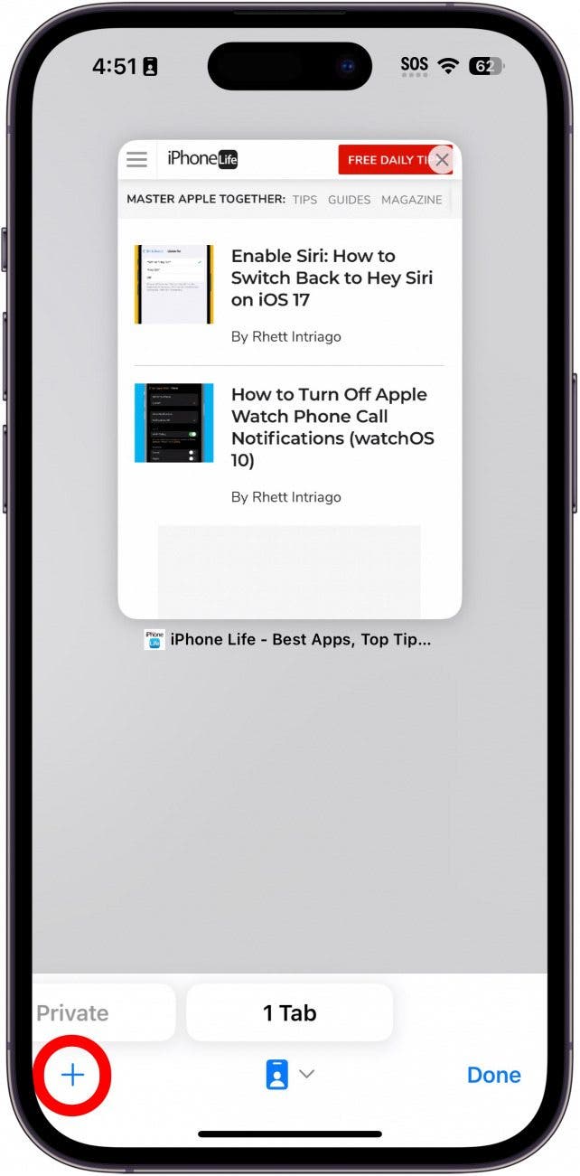 iphone safari tab view with plus button circled in red