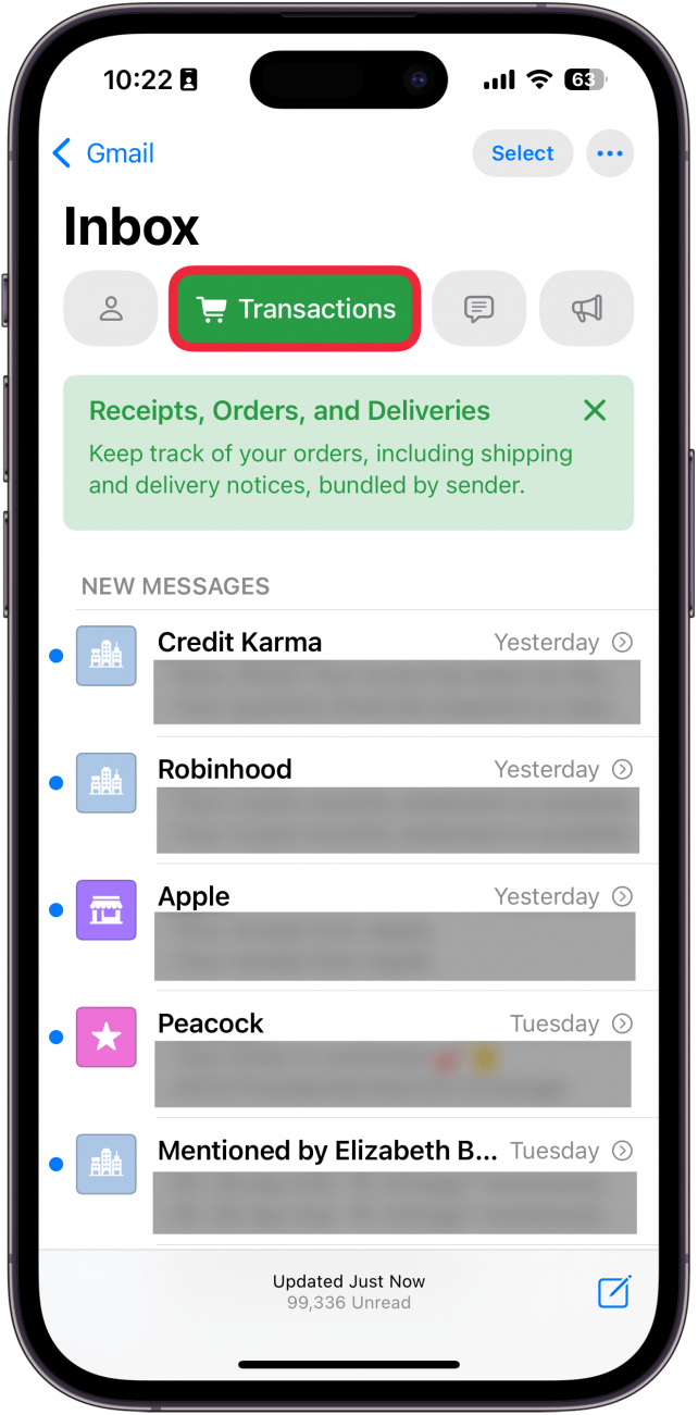 iphone mail app with a red box around transactions