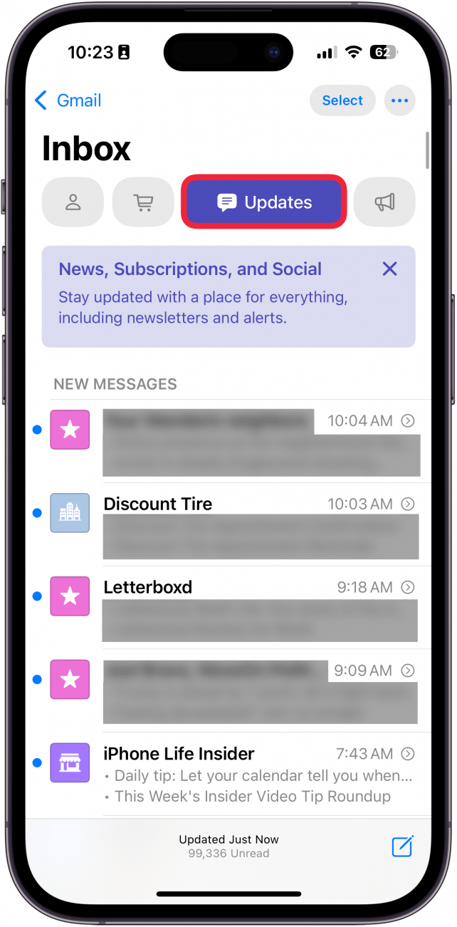 iphone mail app with a red box around updates