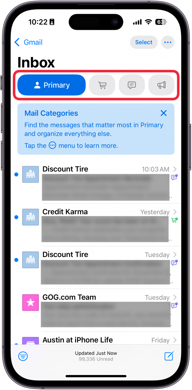 iphone mail app with a red box around category buttons at the top of the inbox screen