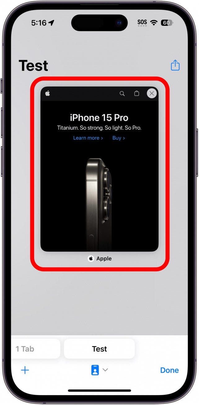 iphone safari tab view showing a tab group labeled, "test," and a red box around the currently opened tab