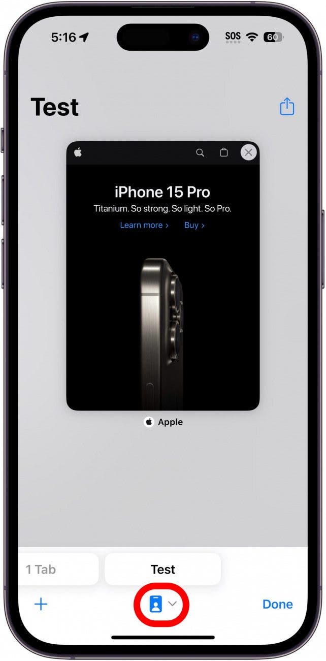 iphone safari tab view with profile icon circled in red