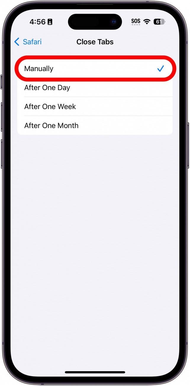 iphone close tabs settings with manually circled in red