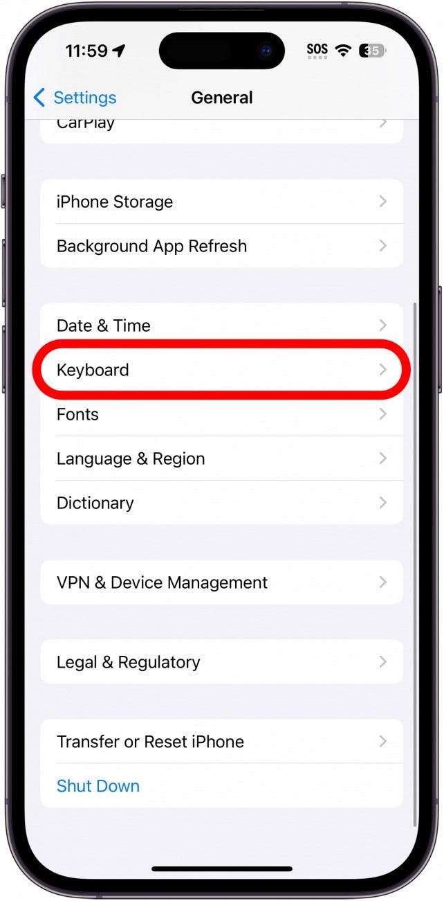 iphone general settings with keyboard circled in red