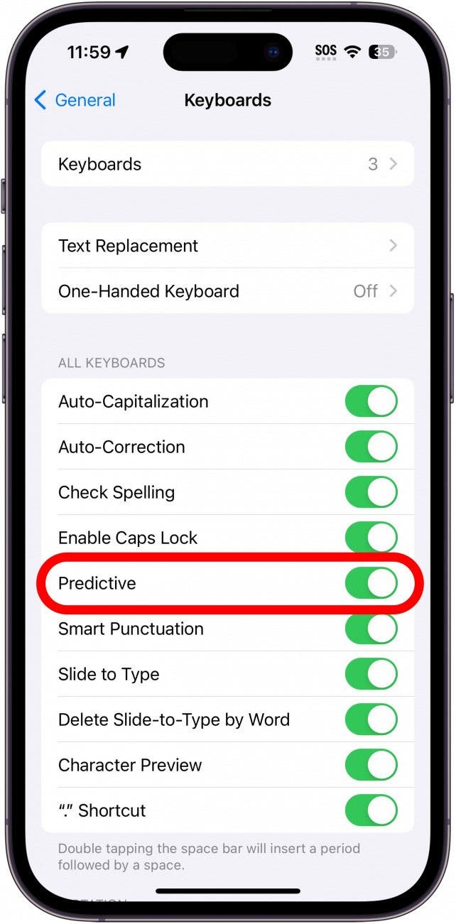 iphone keyboard settings with predictive circled in red