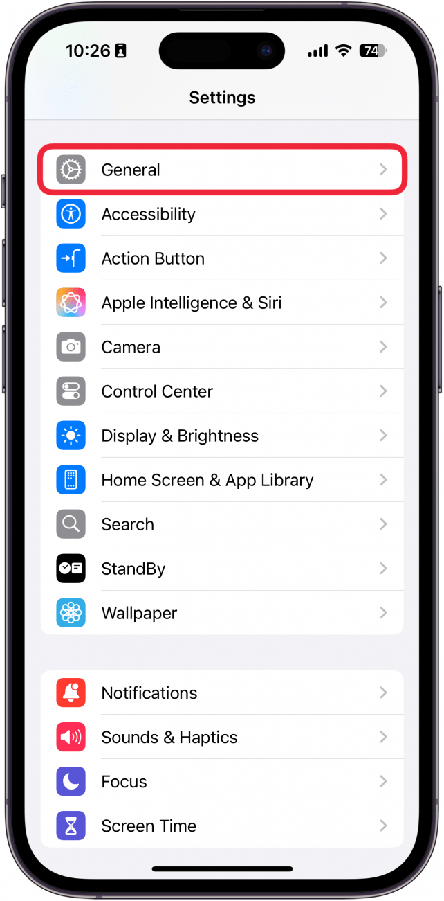 iphone settings with a red box around general