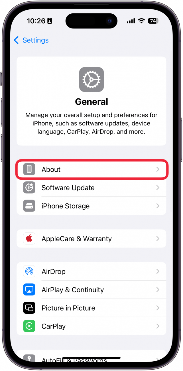 iphone general settings with a red box around about