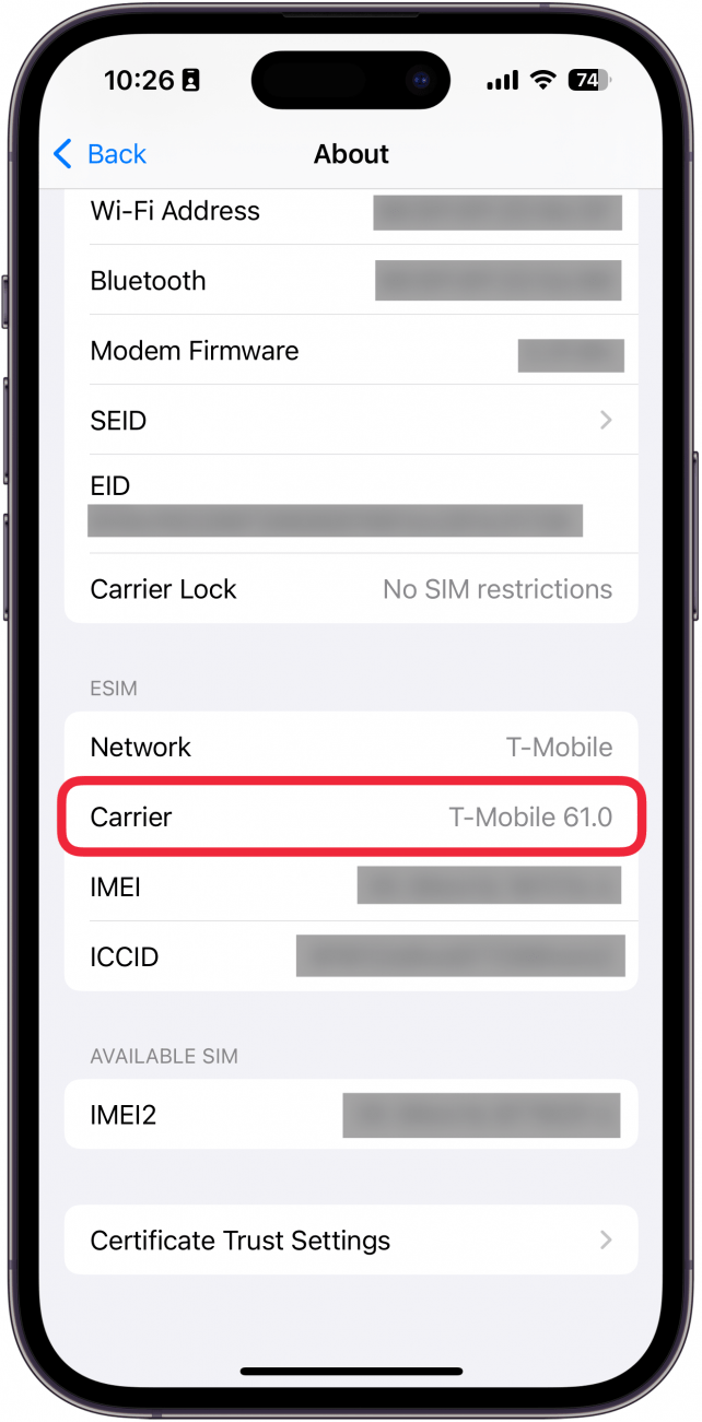 iphone about screen with a red box around the carrier settings version number