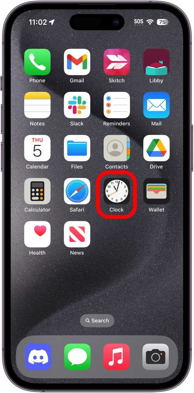 iphone home screen with clock app circled in red