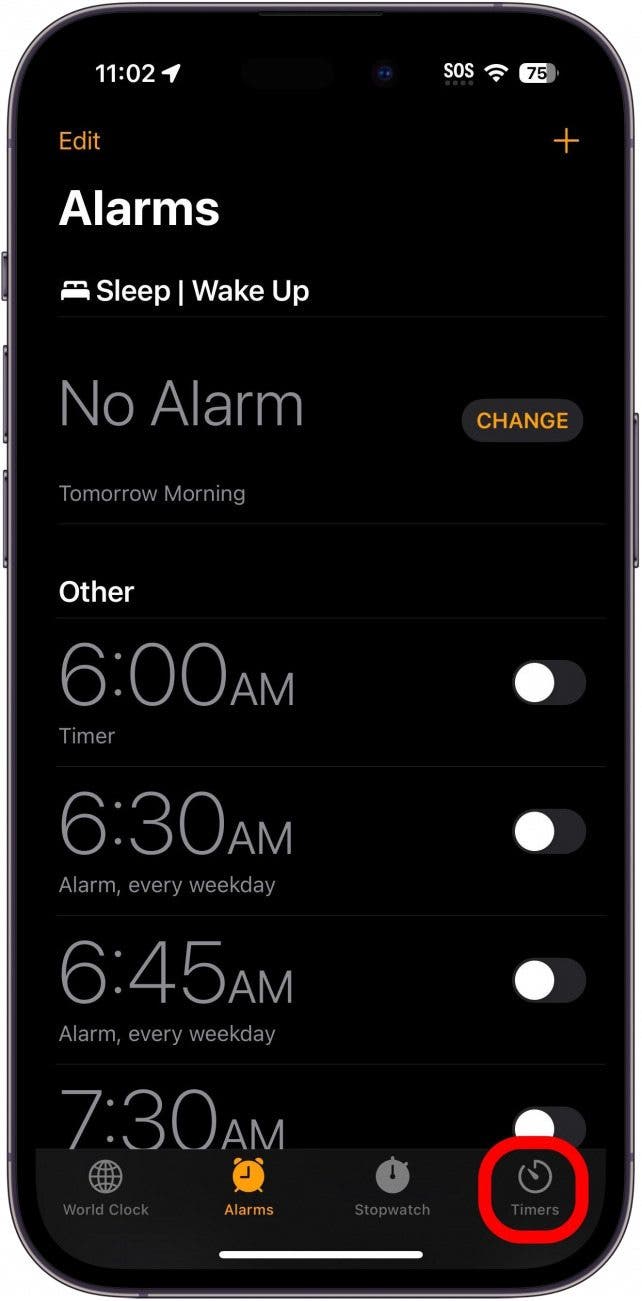 iphone clock app with timers tab circled in red