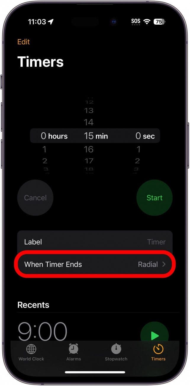 iphone timer with when timer ends circled in red