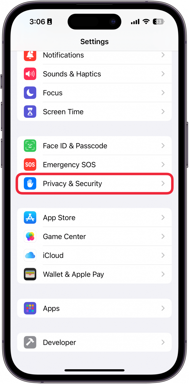 iphone settings screen with a red box around privacy and security