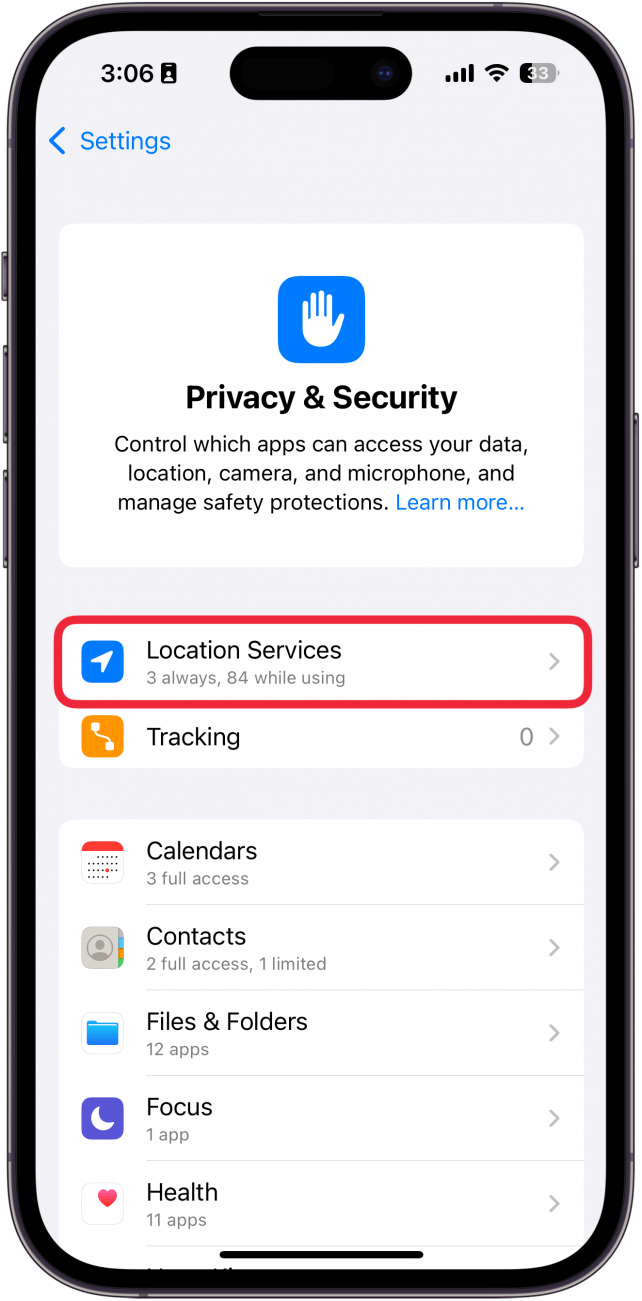 iphone privacy and security settings with a red box around location services