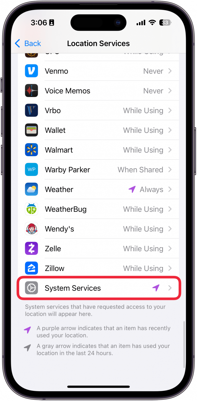 iphone location services settings with a red box around system settings