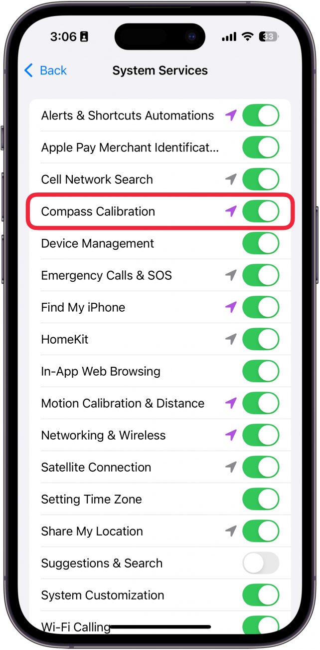 iphone system settings location settings with a red box around compass calibration