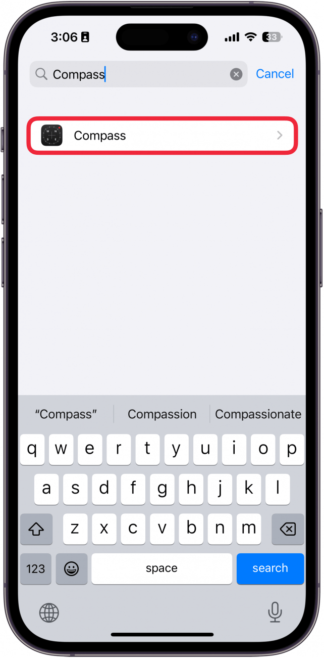 iphone app settings with a red box around compass