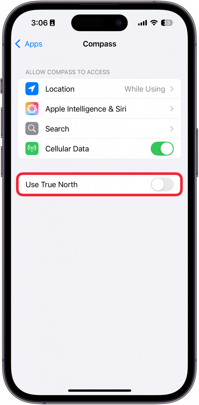 iphone compass settings with a red box around use true north toggle