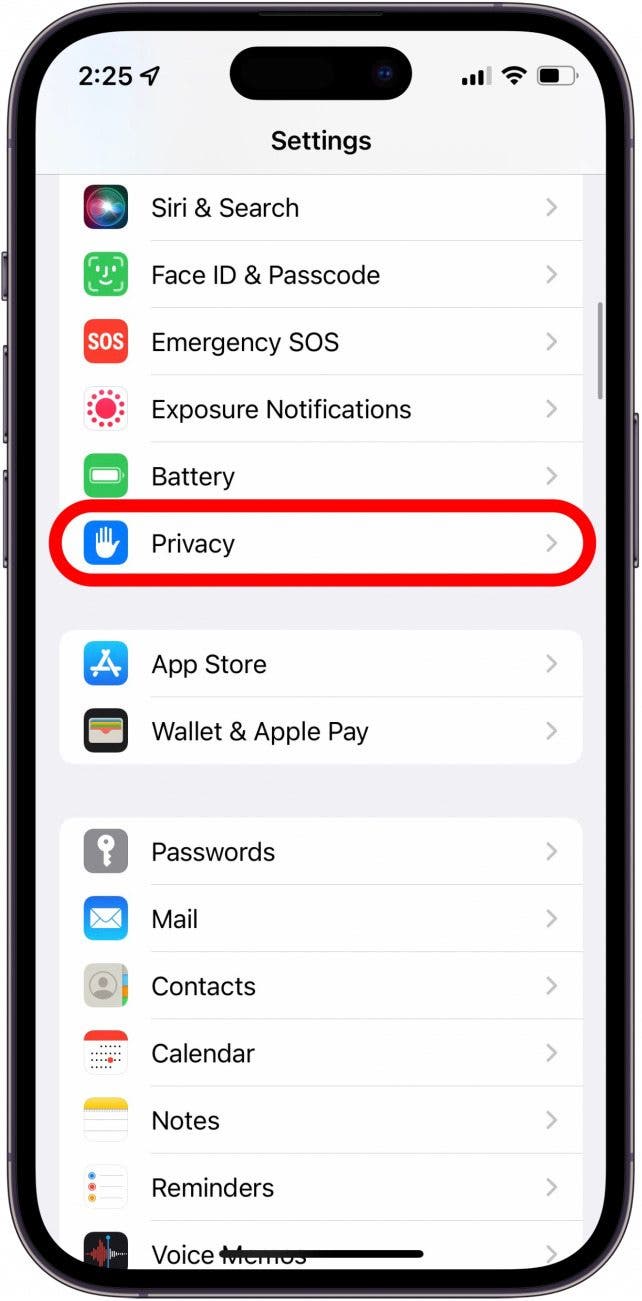 Scroll down and tap Privacy.