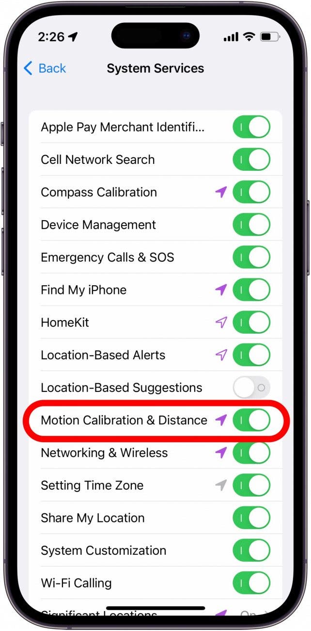 Find Motion Calibration & Distance and confirm that it is toggled on.