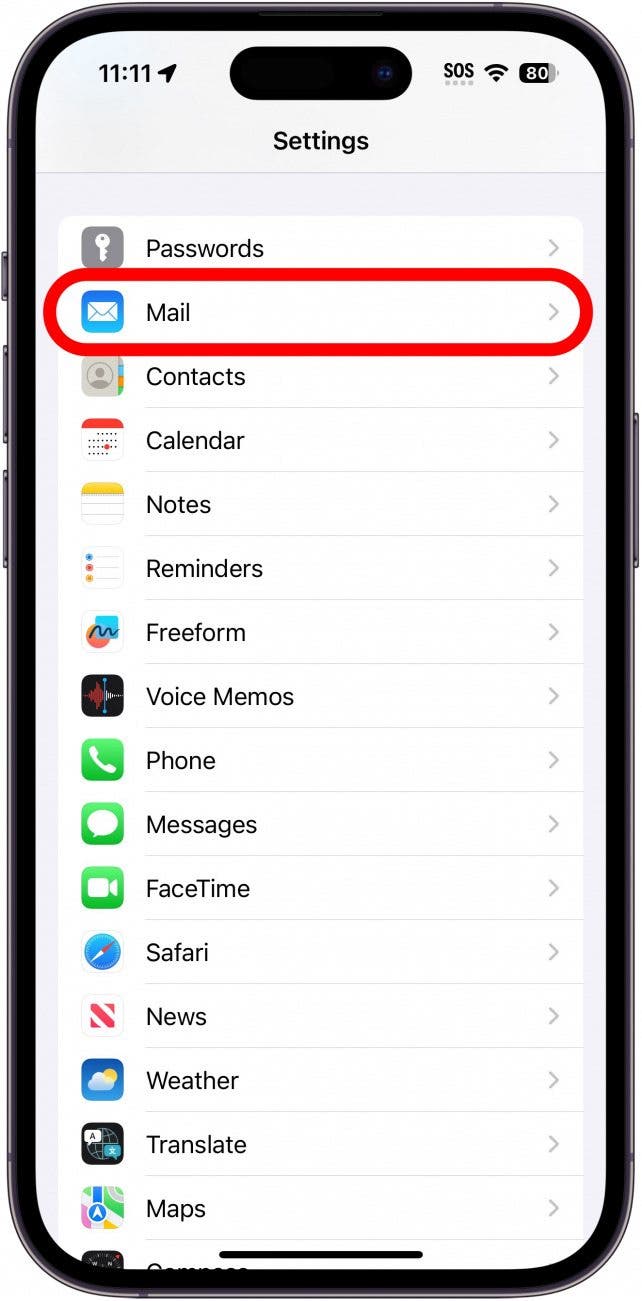 iphone settings with mail circled in red