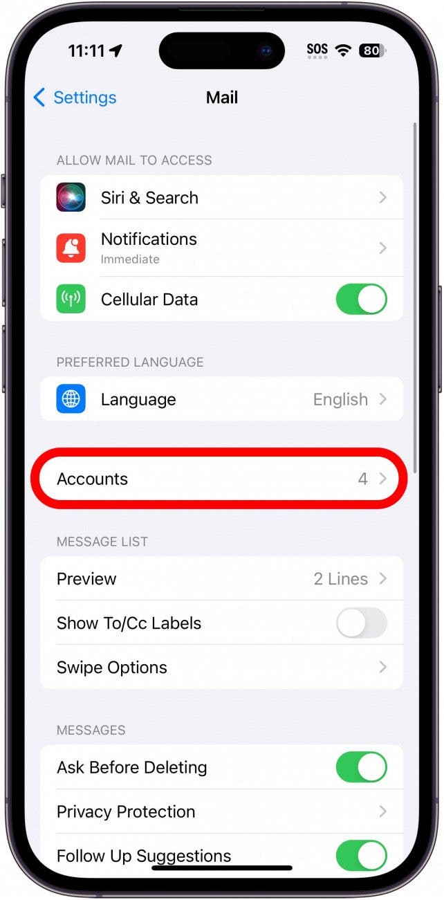 iphone mail settings with accounts circled in red