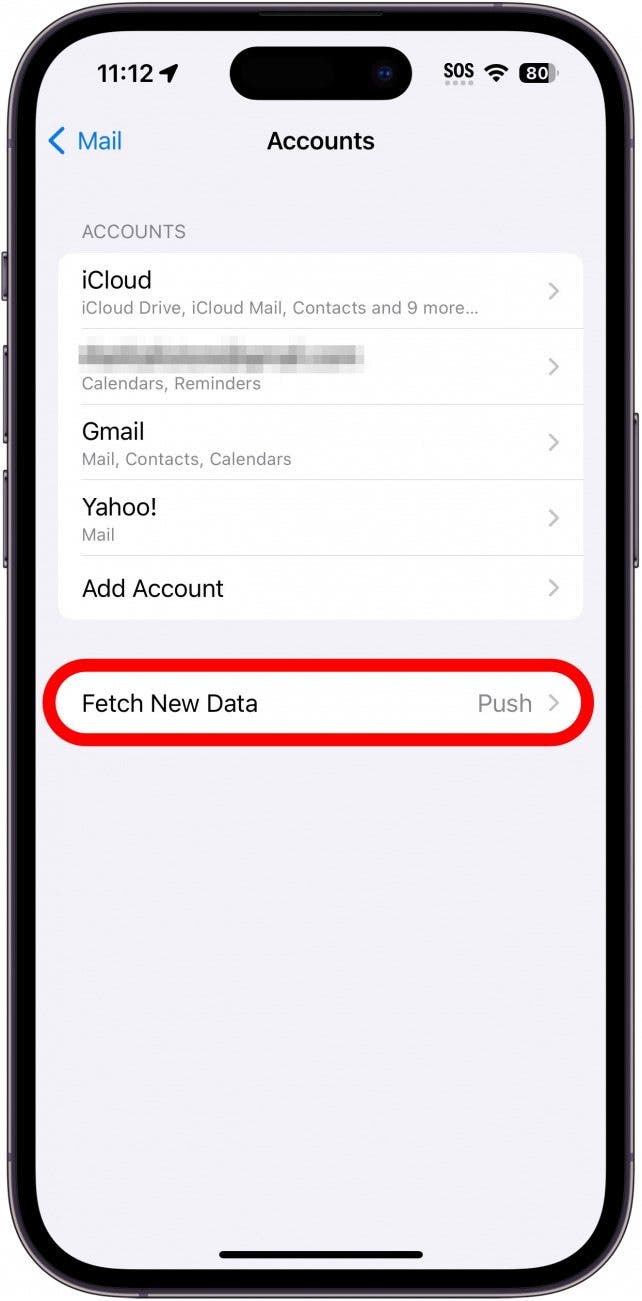 iphone mail account settings with fetch new data circled in red