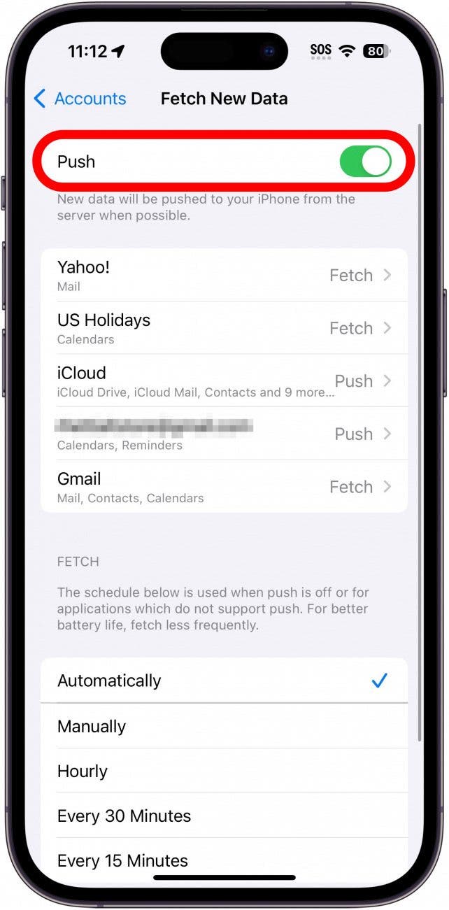 iphone mail fetch settings with push toggle circled in red