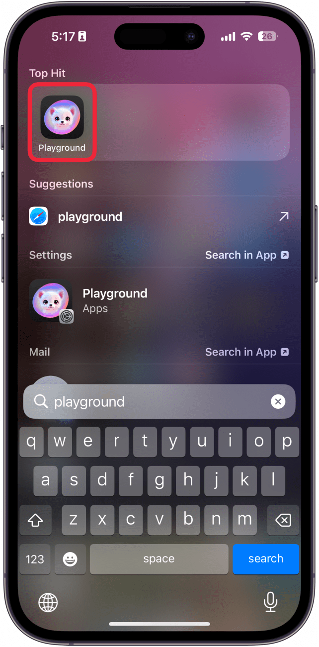 iphone spotlight search with a red box around image playground app