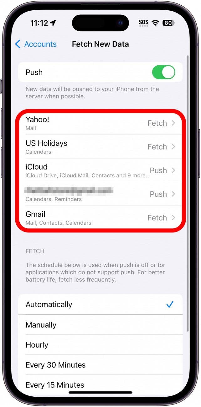 iphone mail fetch settings with accounts circled in red