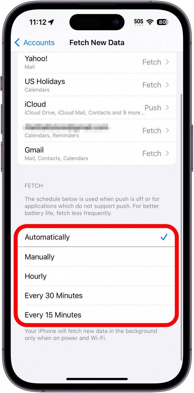 iphone mail fetch settings with fetch frequency options circled in red