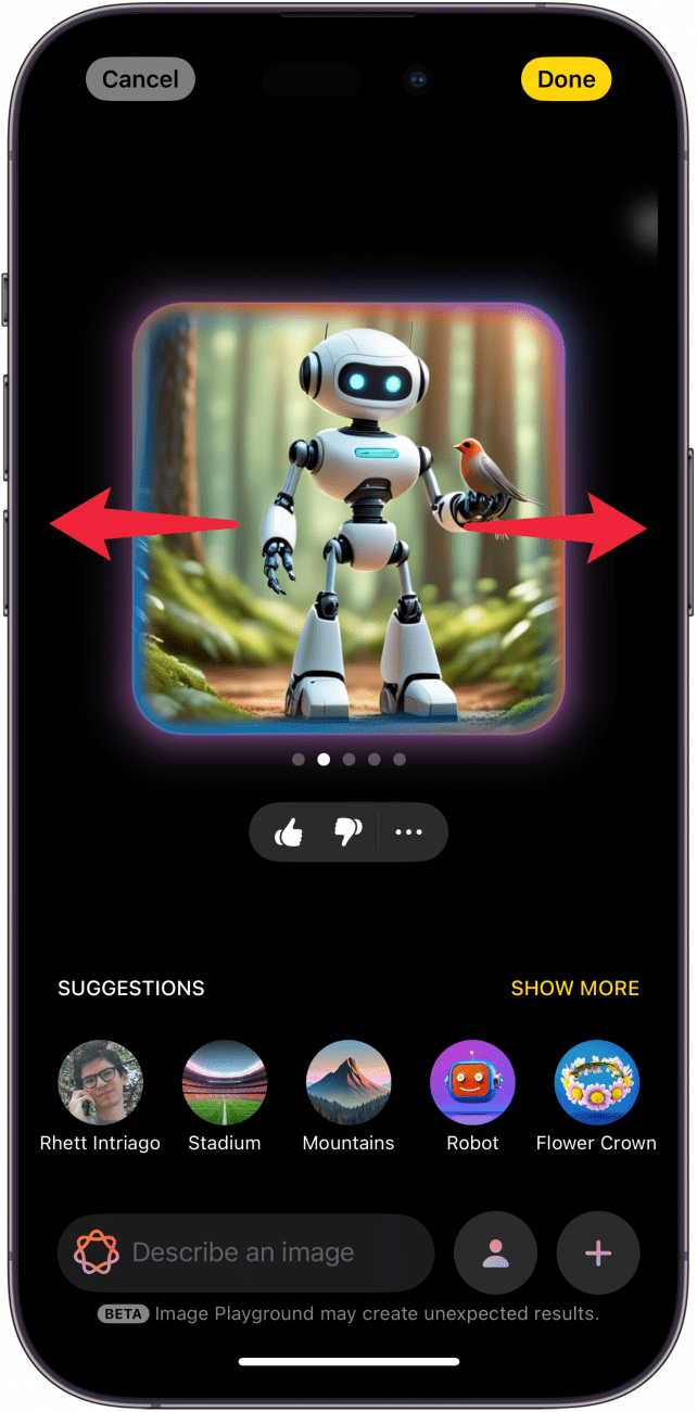 iphone image playground displaying an ai generated image of a robot in the forest with a bird in its hand with red arrows pointing left and right, indicating to swipe left and right