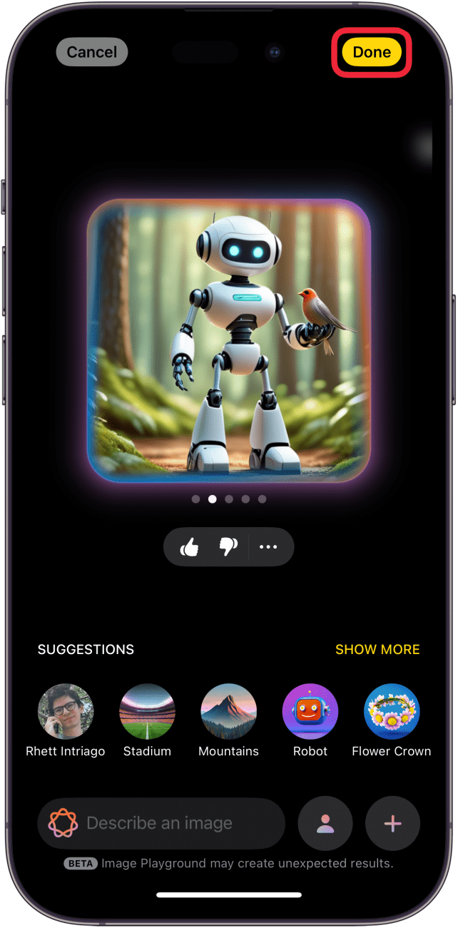 iphone image playground displaying an ai generated image of a robot in the forest with a bird in its hand with a red box around done button