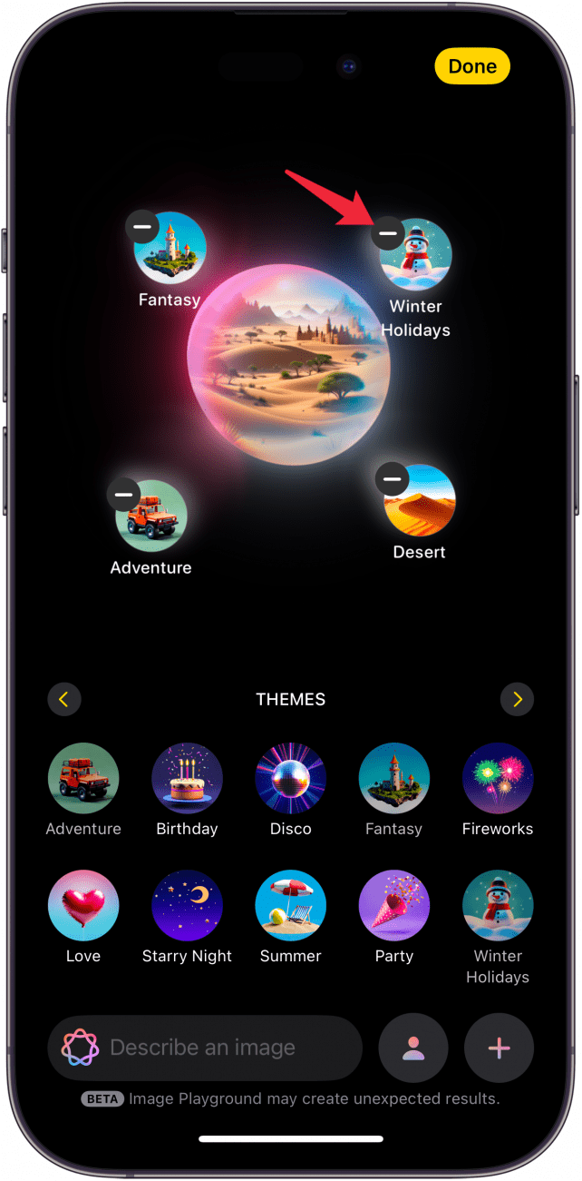 iphone image playground displaying three themes and an image being generated, with a red arrow pointing at the minus icon