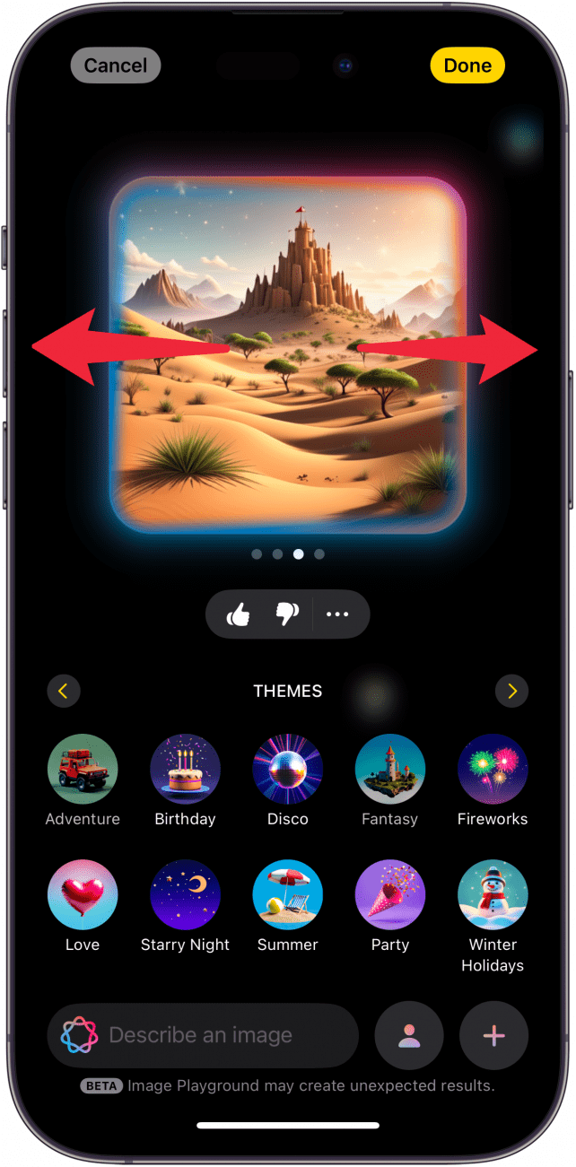 iphone image playground displaying an AI generated image of a castle in the desert with red arrows pointing left and right, indicating to swipe left and right