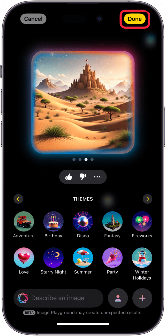 iphone image playground displaying an AI generated image of a castle in the desert with a red box around done button