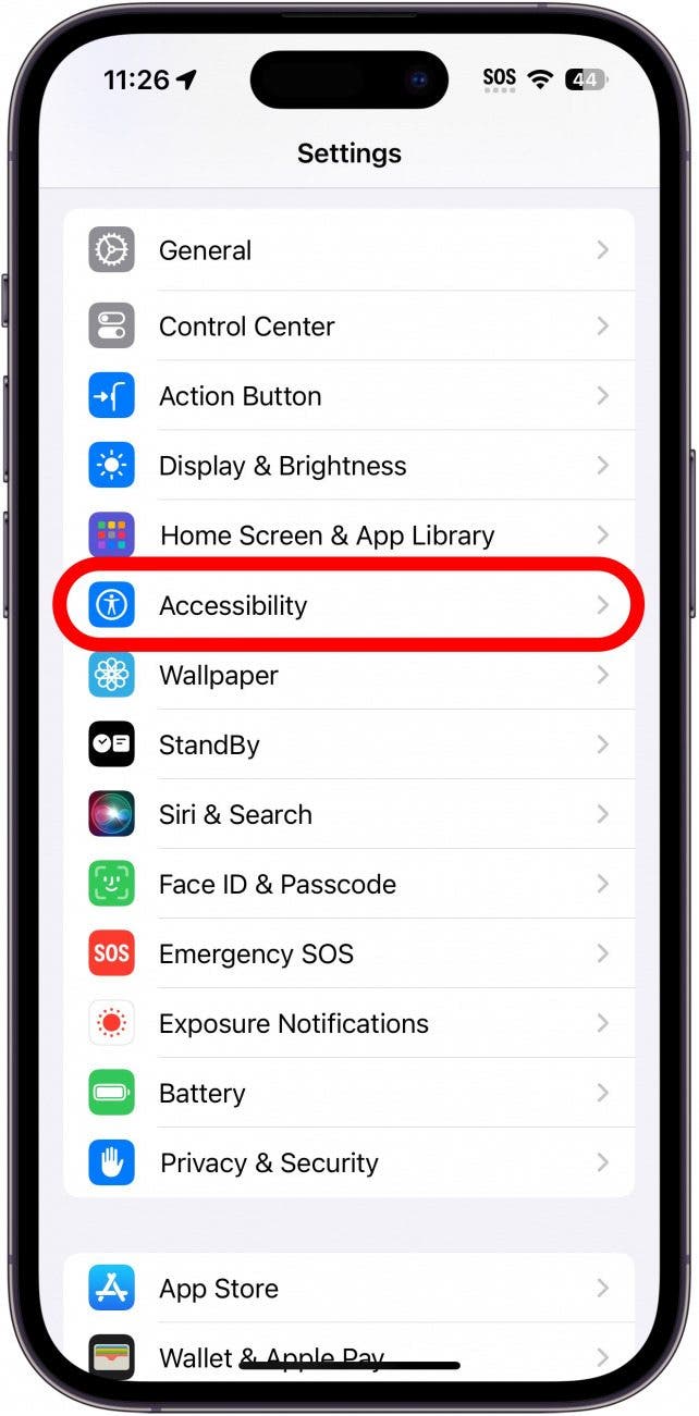 iphone settings screen with accessibility circled in red