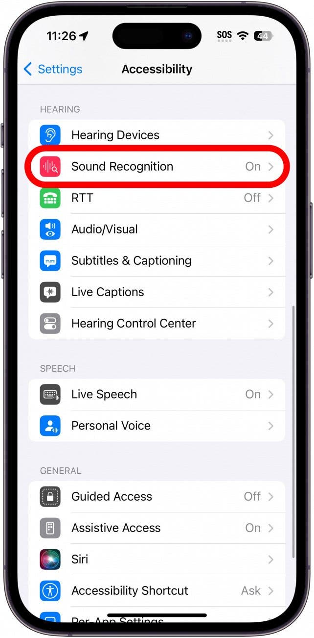 iphone accessibility settings with sound recognition circled in red