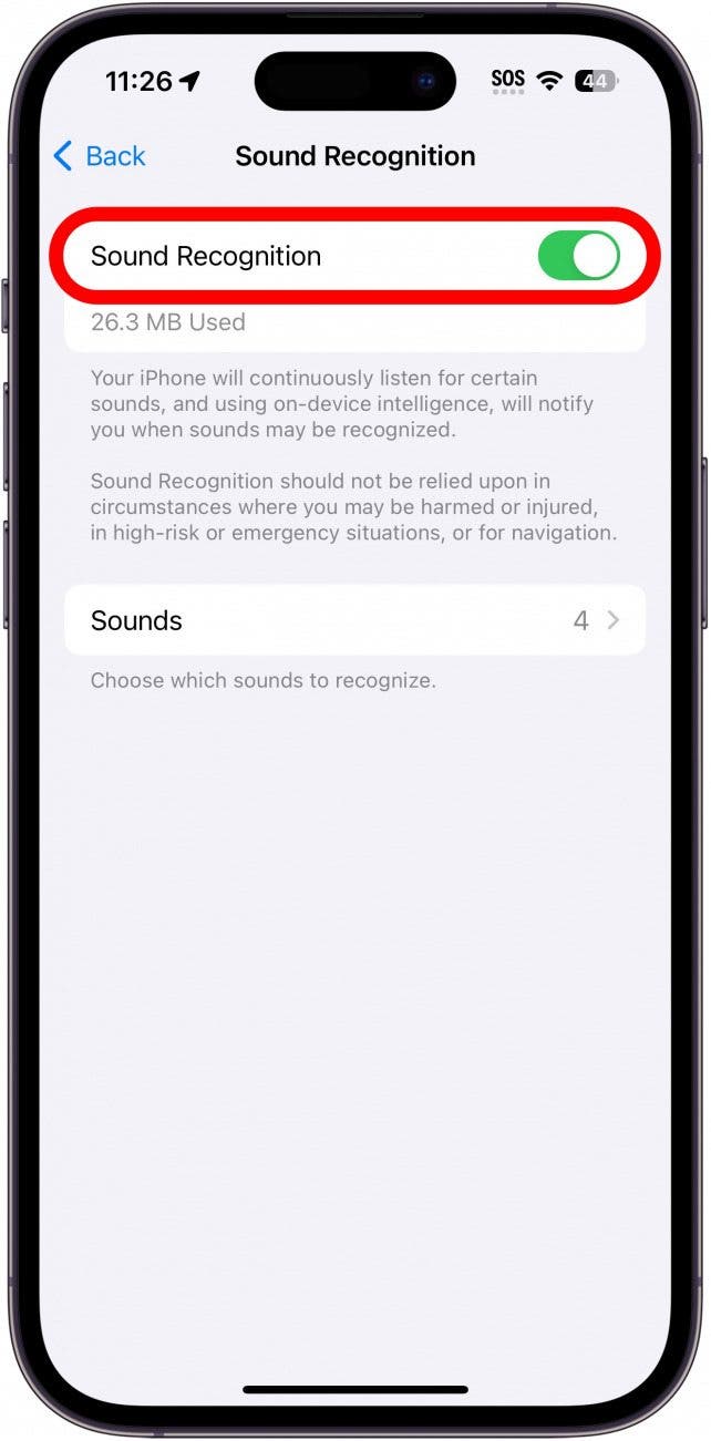 iphone sound recognition settings with sound recognition toggle circled in red