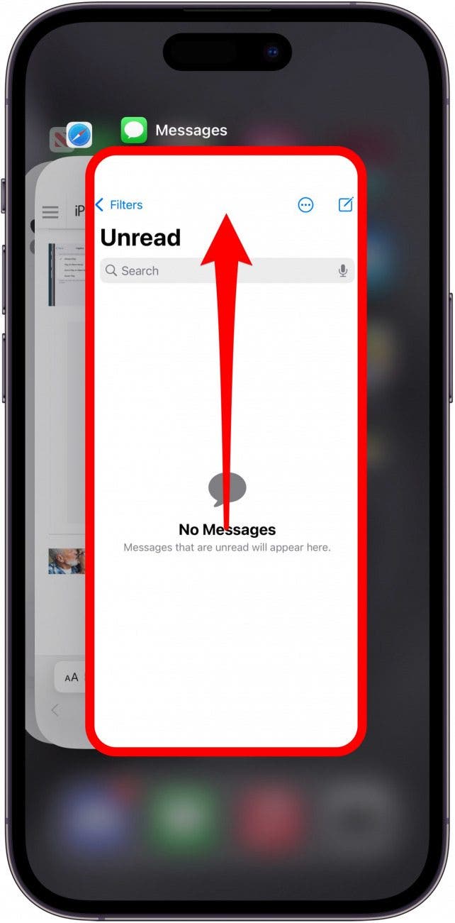 iphone app switch with an app circled in red with an arrow pointing upward, indicating to swipe up to close the app