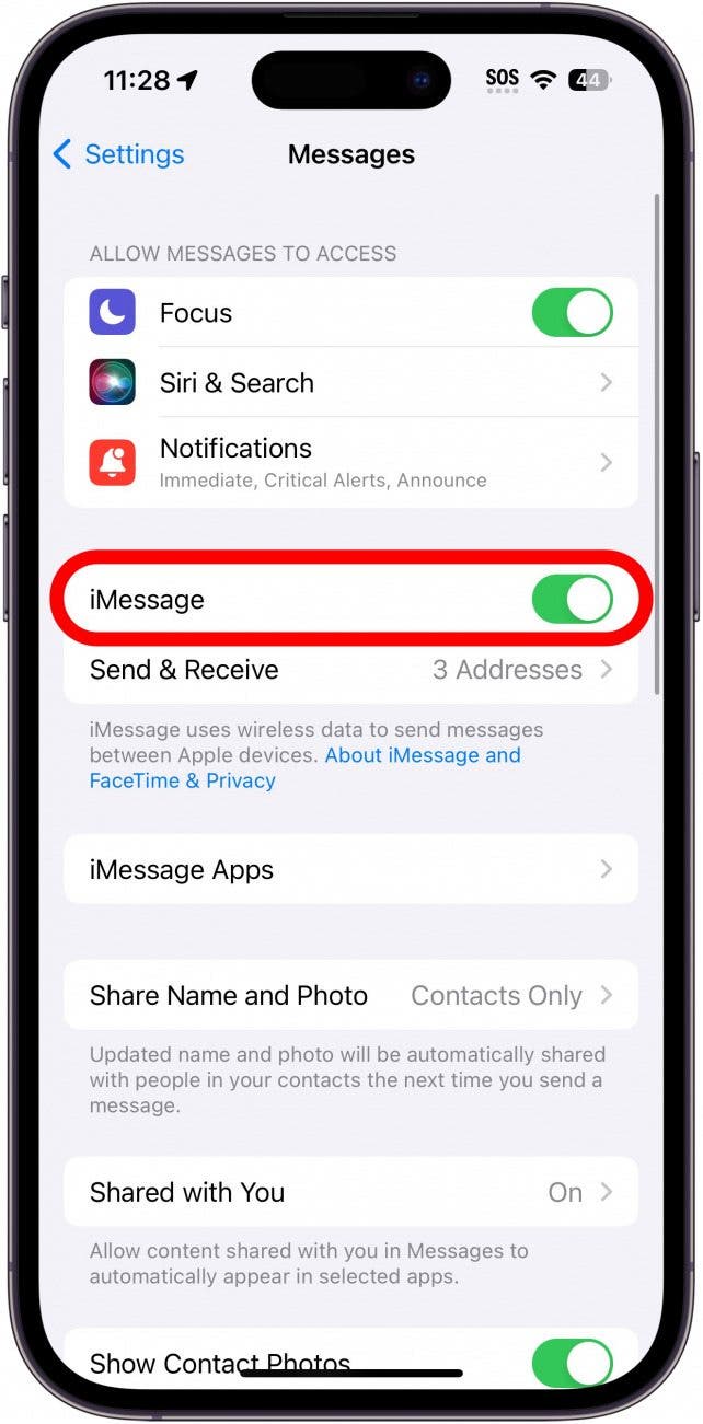 iphone message settings with imessage toggle circled in red