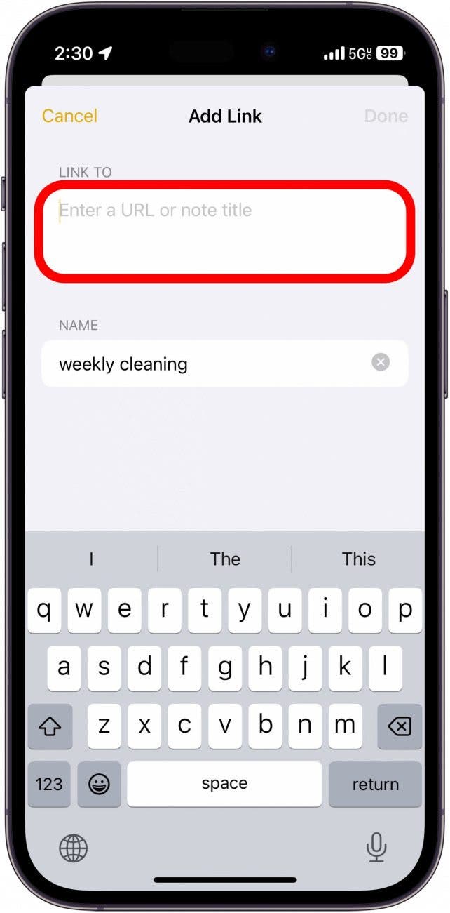 iphone notes add link menu with red circle around text entry field