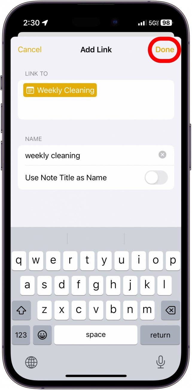 iphone notes add link menu with a red circle around done button