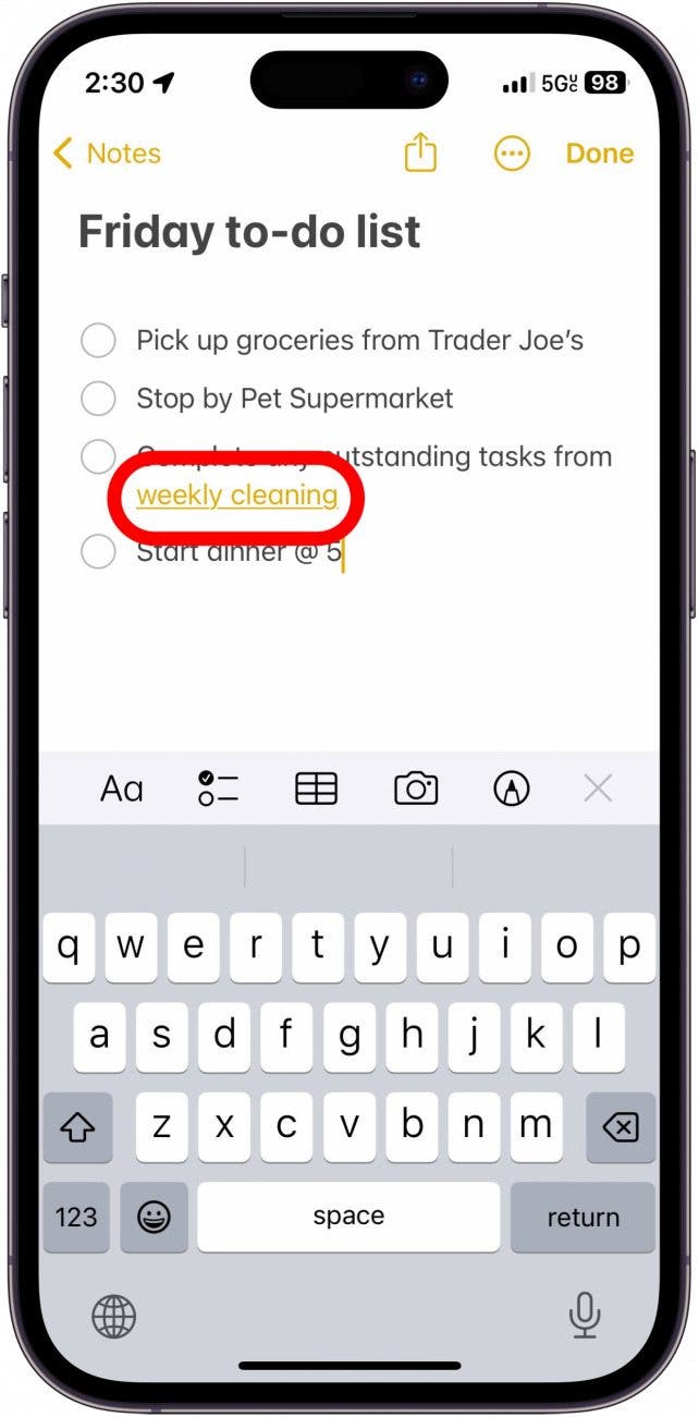 iphone note with "weekly cleaning" text now yellow and underlined indicating it is hyperlinked. The text is circled in red