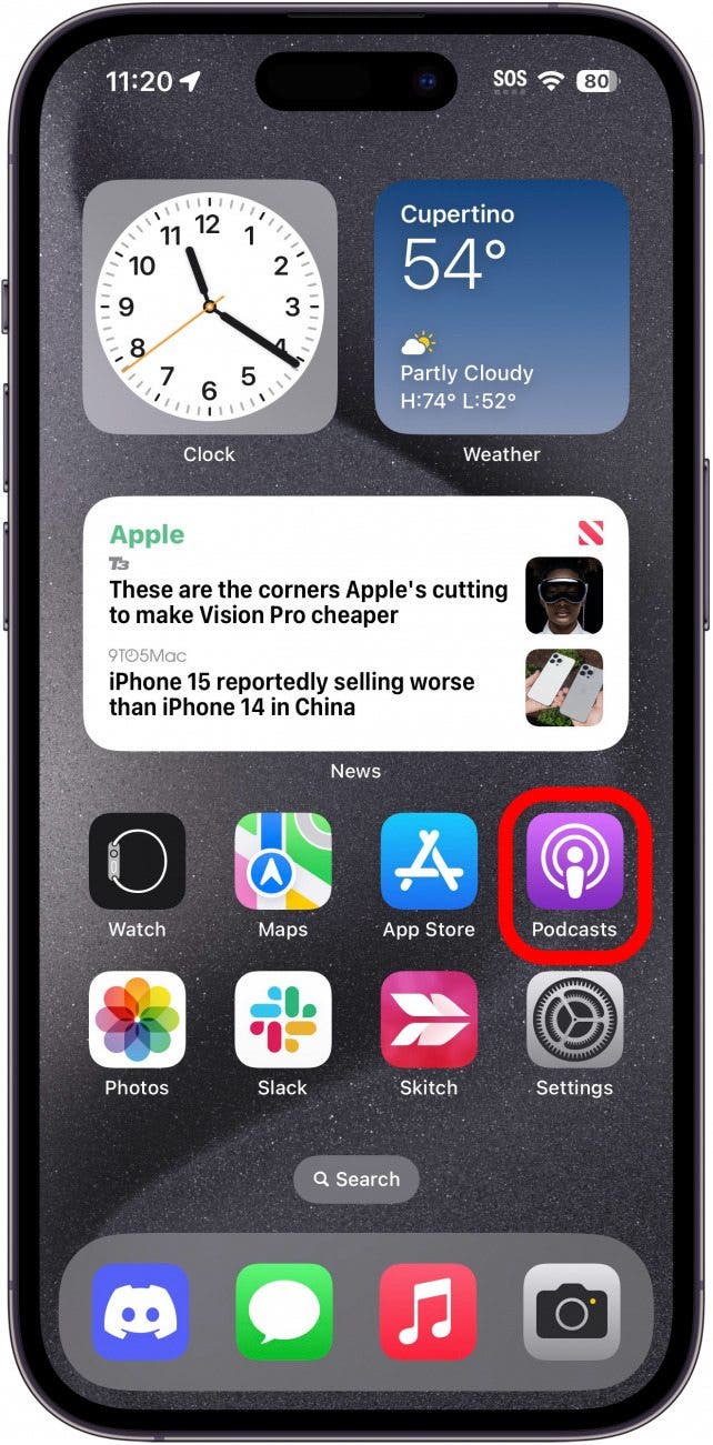 iphone home screen with podcasts app circled in red