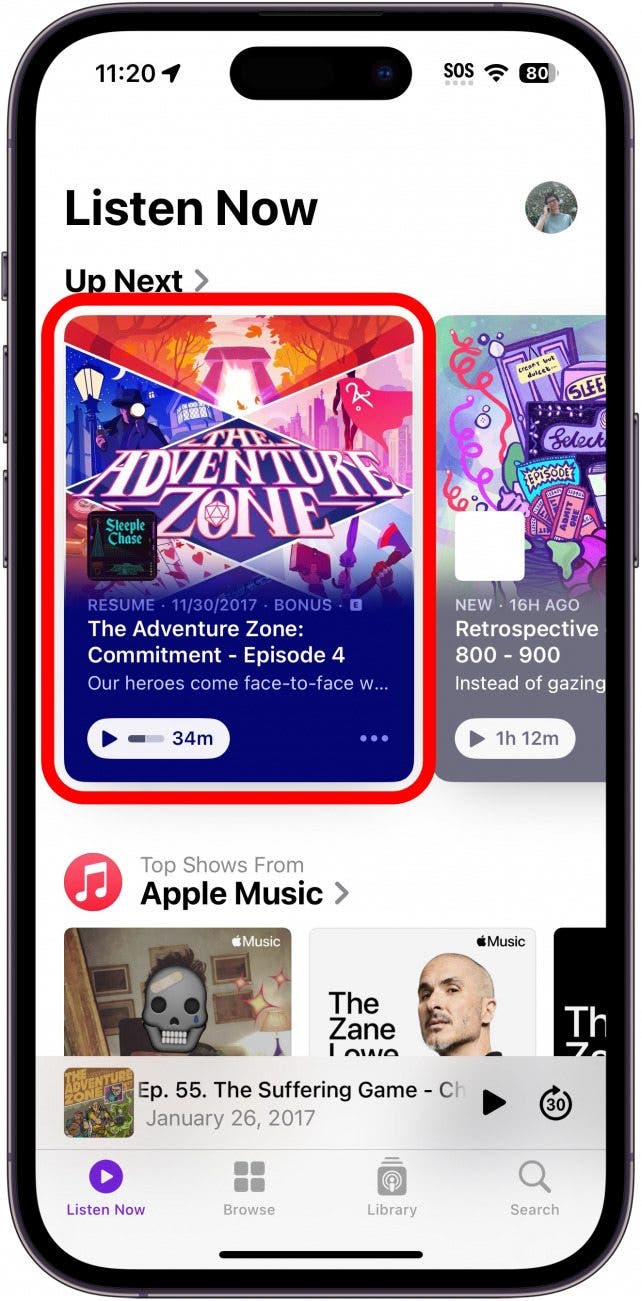 iphone podcasts app with a red box around an episode of "the adventure zone" indicating to select an episode of your favorite podcast