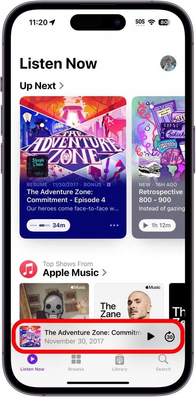 iphone podcasts app with now playing bar circled in red