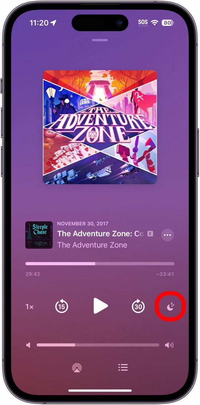 iphone podcasts now playing screen with sleep timer button circled in red