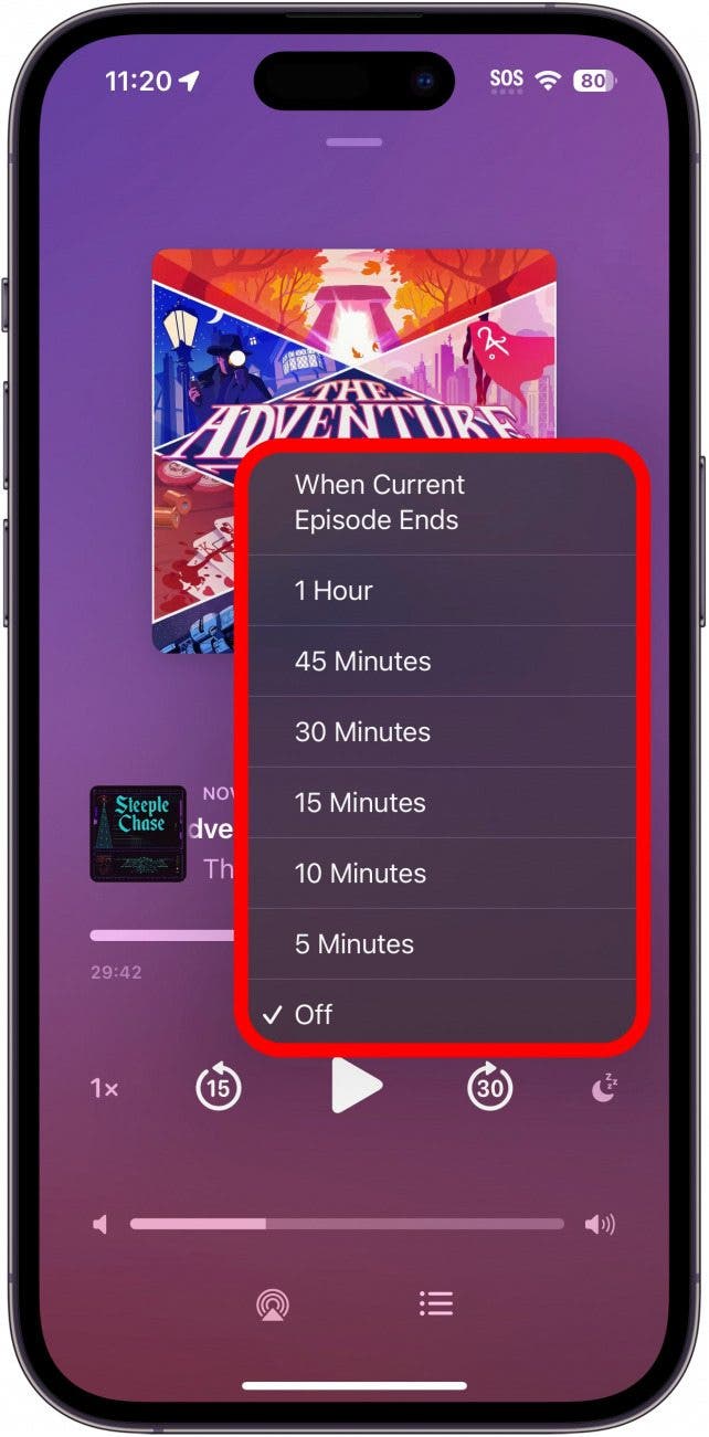 iphone podcasts sleep timer showing the available timer options