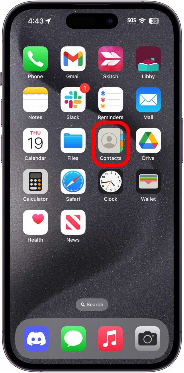 iphone home screen with contacts app circled in red